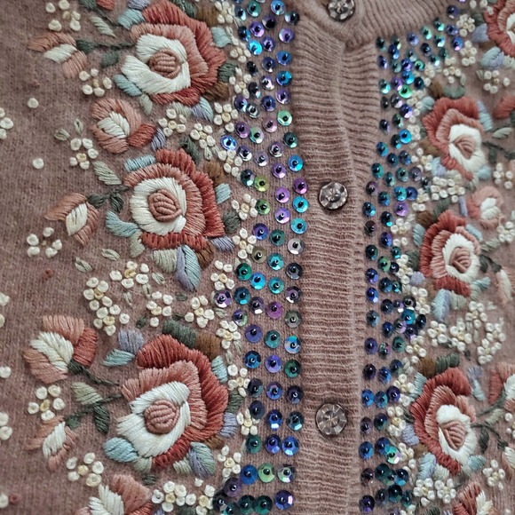 VTG 80 Light Brown Embroidered and Iridescent Sequined Cardigan by Shuangtiane - Picture 4 of 5